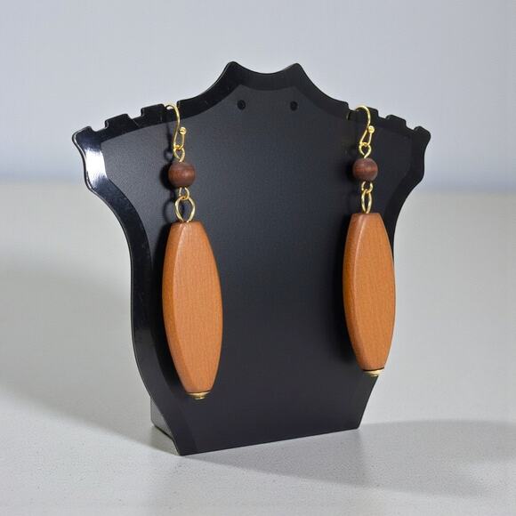 Geometric Wooden Dangle Earrings – Boho Gold Tone Statement Drops - Picture 7 of 9